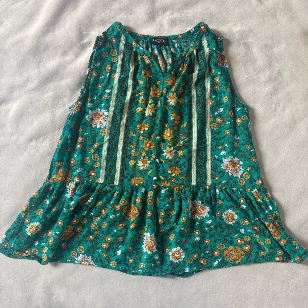 GiGio Floral Boho Tank Top Green Yellow Peplum Sleeveless Small
